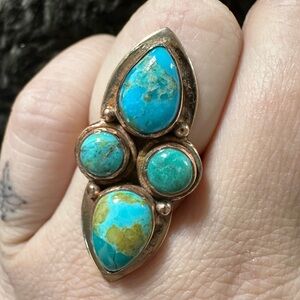 4 Stone Natural Turquoise Navajo Style Cluster Copper Ring Size 7